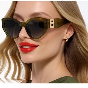 Oversized Cat Eye Sunglasses Olive Green Translucent Gold Hardware Women Lady's